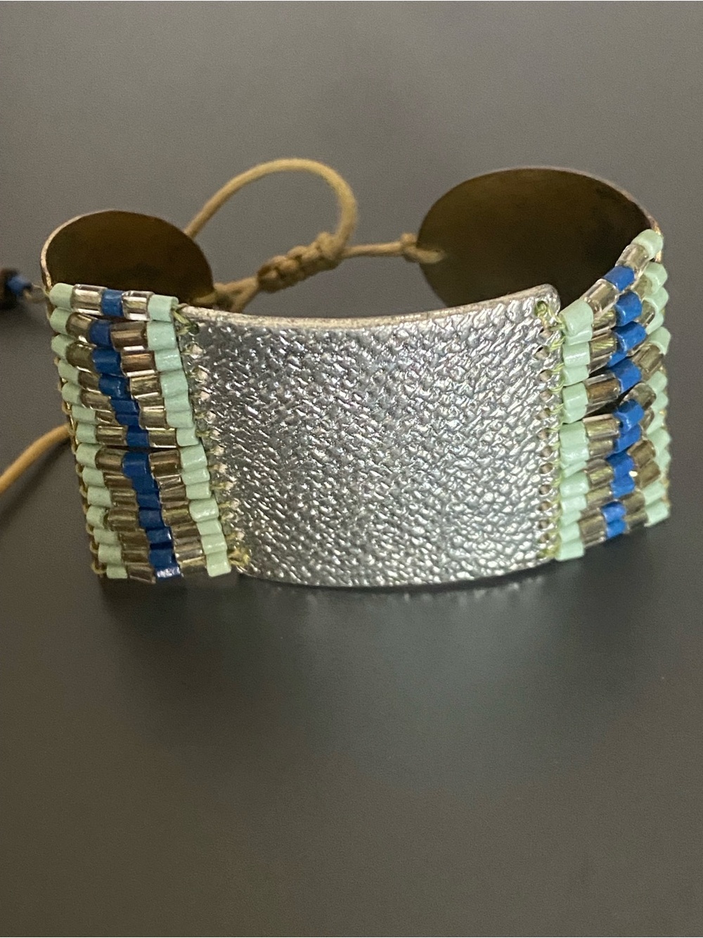 GOLD/SILVER TONE BLUE BEADS WIDE BANGLE BRACELET